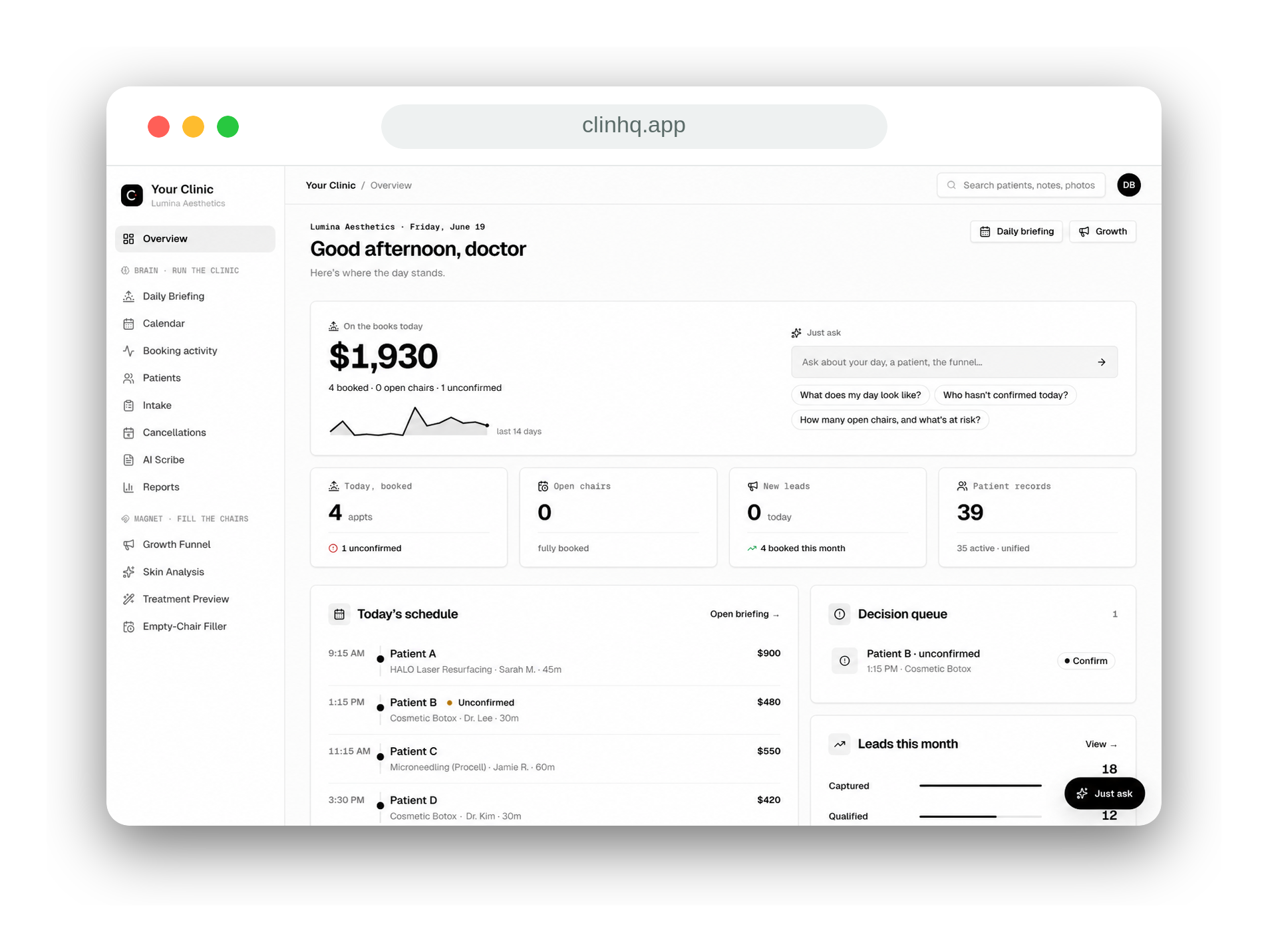 ClinHQ clinic dashboard